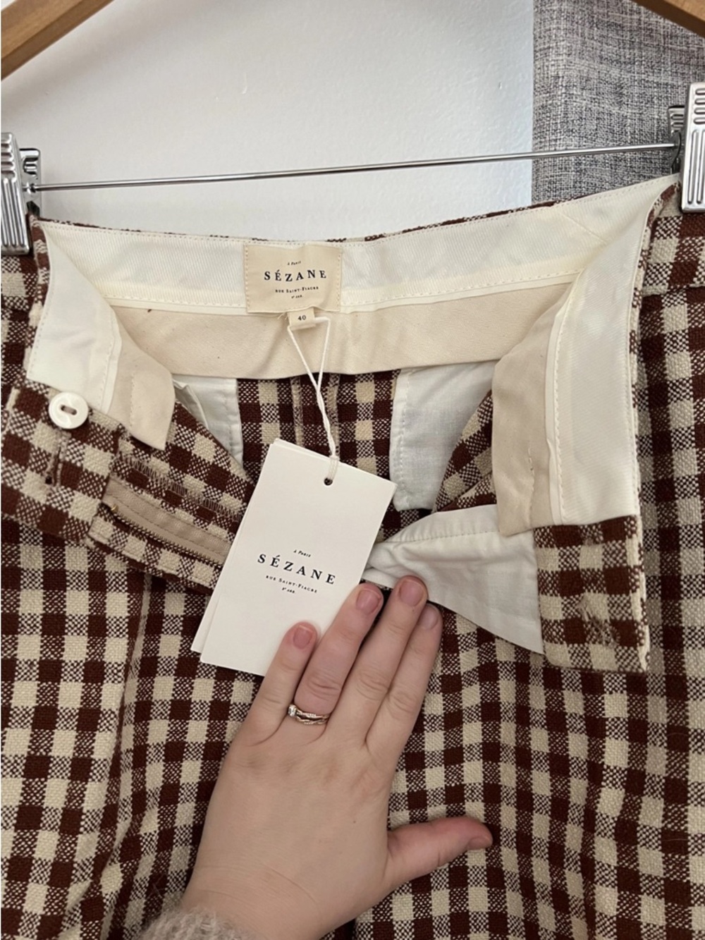 Sezane Martin Ecru and Brown Checked Cropped Trousers - Picture 3 of 6